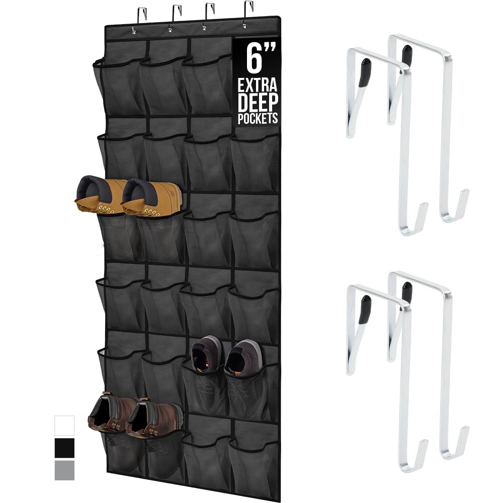 Photo 1 of GORILLA GRIP Over the Door Shoe Organizer, 24 Extra Large Breathable Mesh Pockets, Space Saving Hanging Storage Holder, 4 Hook Closet Rack Hanger, Hangs on Closets for Shoes and Accessories, Black