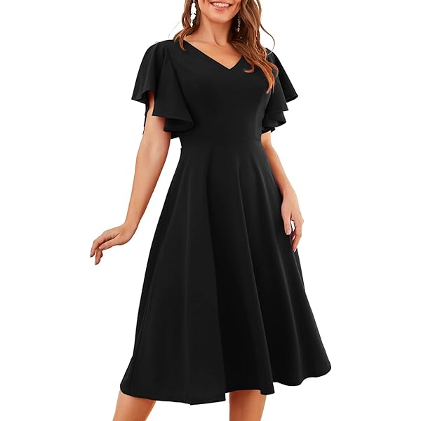 Amazon.com: Women Vintage Pleated Work Dress 3/4 Sleeve Lapel V Neck  Business Cocktail Dress Funeral Dress Black : Clothing, Shoes & Jewelry