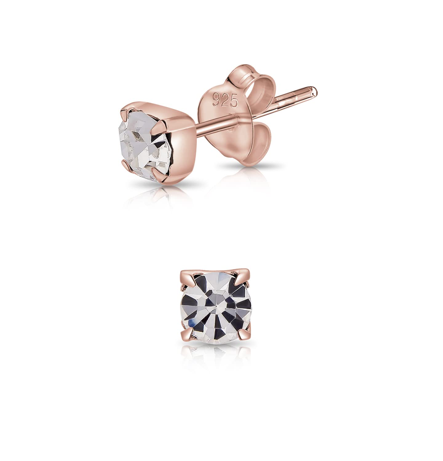 DTPsilver® 925 Sterling Silver Rose Gold Plated SMALL Square Stud Earrings made with Round Glittering Crystals from Swarovski® Elements - Diameter: 4 mm - Colour : Clear Crystal