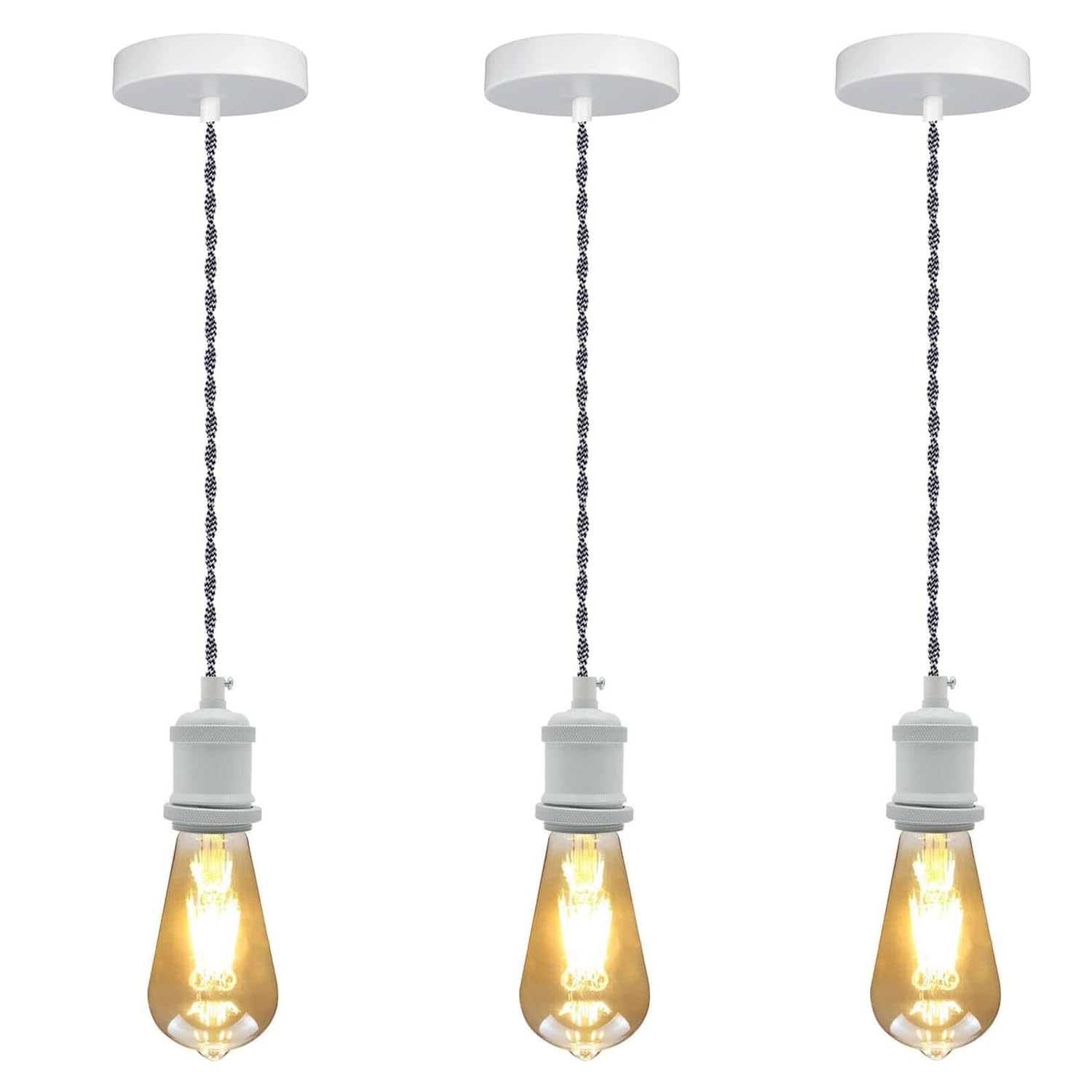 LEDSONE Vintage Ceiling Pendant Light Metal 3 Pack 95cm Twisted Braided Adjustable Cable With E27 Light Fitting Lamp Holder For Kitchen Living Bedroom Dining Room Restaurant (White - 3 Pack)