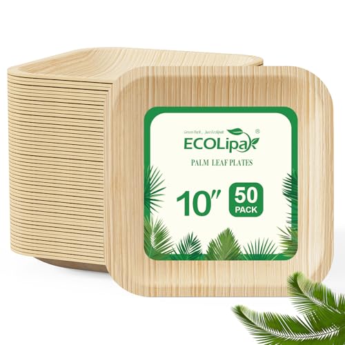 ECOLipak 10 Inch Compostable Palm Leaf Plate Like Bamboo Plate, 50 Pack | Disposable Biodegradable Plates, Suitable for Party, Dinner