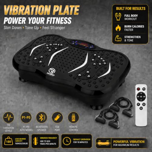 RIGID FITNESS Vibration Plate Exercise Machine with Remote Control - 2 Resistance Bands, P1-P5 Modes & 1-99 Speed Levels - Touchscreen, Bluetooth Speaker & USB Port - Support up to 150kg/330lbs