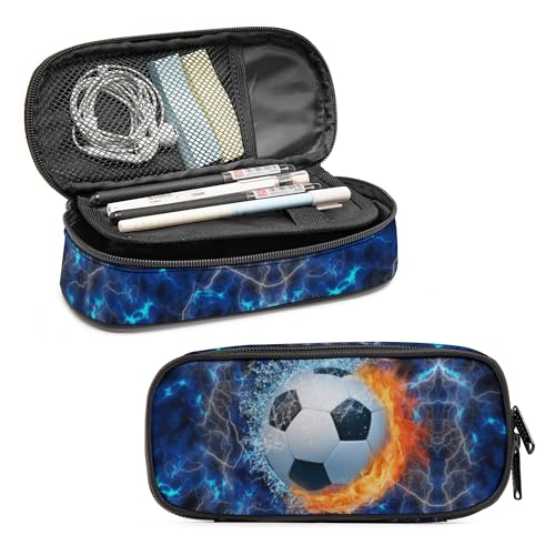 Soccer Pencil Case for Boys, Large Capacity Pencil Pouch for Kids, Back to School Pencils Box Pen Bag with Zipper, Cool Pen Case Stationery Organizer for Middle Elementary School - Blue