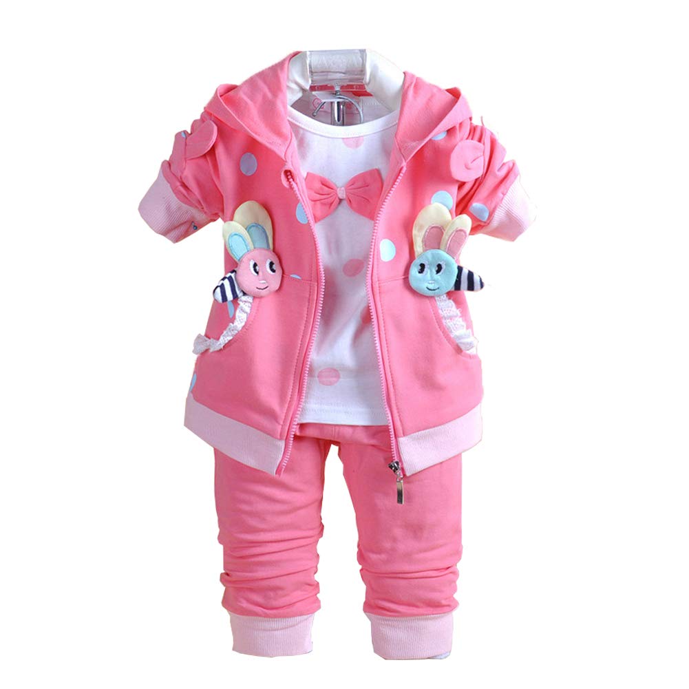 Yao Baby Girls 3 Piece Sets T Shirt Vest and Pants (18-24M, Hot Pink)