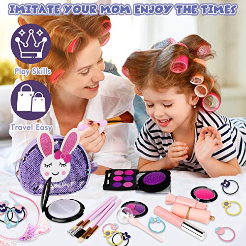 Libay Kids Makeup Kit - 30 Pc Pretend Makeup Set for Girl with Shinny Rabbit Cosmetic Bag Include Everything Your Princess Needs, Great Gift for Little Girls 3 4 5 6 7 8 Year Old (Not Real Makeup)