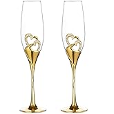 Wedding Champagne Glass Set Gold Toasting Flute Glasses Deluxe Pack of 2 with Rhinestone Rimmed Hearts Decoration for Wedding, Anniversary and Special Occasions