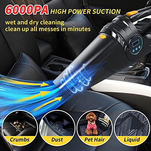 Car Vacuum Cleaner Tire Inflator 4in1 Handheld Vacuum 6000PA Powerful Suction, 12V DC 150PSI