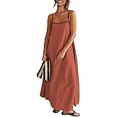 OWNGIGI Women's 2026 Summer Linen Maxi Dress Contrast Spaghetti Strap Beach Dress Backless Sleeveless Casual Dresses