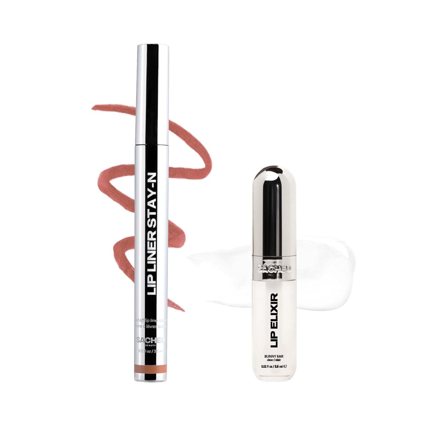 Sacheu Lip Liner STAY-N Peel Off Lip Stain & Lip Elixir Bundle — Long Lasting Waterproof Lip Tint with Hyaluronic Acid & Vitamin E — Transfer Proof Matte Finish (p-INKED and Clear)