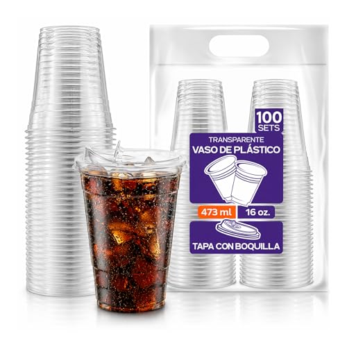 ROSE IMPACT Vasos Transparentes 16 oz con Tapa Tipo Boquilla para Bebidas Frías – Packs de 50 o 100 Piezas, Vasos con Tapa Incluida, Presentación Profesional (100)