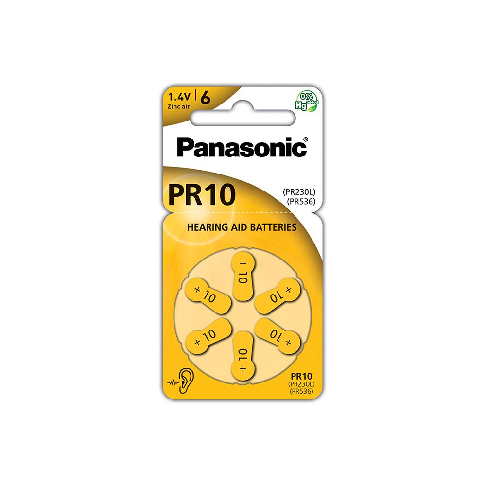 Panasonic PR10 Zinc Air batteries for hearing aids, type 10, 1.4V, hearing aid batteries, 6 in a pack, yellow