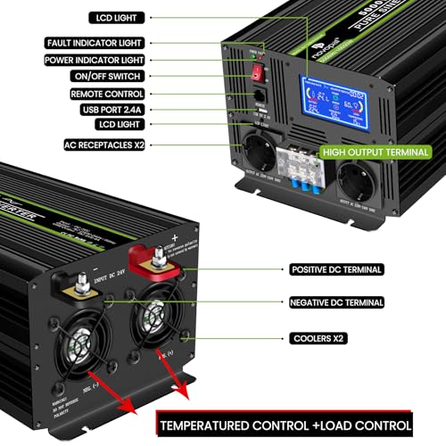 NOVOPAL Pure Sine Converter 5000W 10000W Inverter 24V 220V | 5 m Remote Control with Error Codes, 2 EU Sockets, LCD Screen, for Car, Caravan, Boat, Camping, Travel