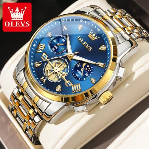 OLEVS Men Silver Watches,Men's Stainless Steel Chronograph Watch,Man Analog Quartz Big Face Male Watches Luxury Waterproof Roman Numeral Dress Diamond Relojes para Hombre