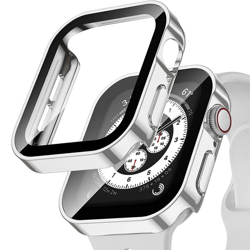Hard Case Compatible for Apple Watch Series 8/7 45mm 41mm with Tempered Glass Screen Protector,for iWatch Series 6/5/4/SE 44MM 40MM Full Protective Cover Slim Bumper[HD Clear],silver