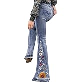 GKZA Womens Flared Jeans High Waisted Bell Bottom Jeans 70s Retro Jeans Lightweight Denim Pants Embroidered Bootcut Jeans