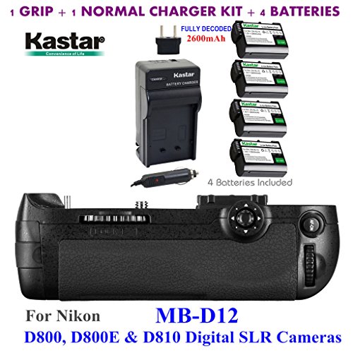 Kastar Pro Multi-Power Vertical Battery Grip (Replacement for MB-D12) + 4 x EN-EL15 Replacement Batteries + Charger Kit for Nikon D800, D800E & D810 Digital SLR Camera
