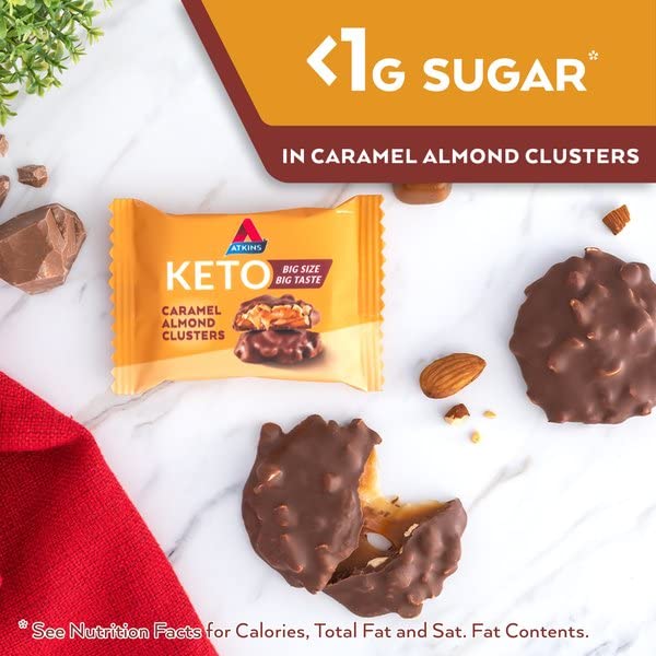 ATKINS CARAMEL ALMOND CLUSTERS, GLUTEN FREE, HIGH IN FIBER, 1G SUGAR, 2G NET CARB, KETO FRIENDLY, 20 COUNT
