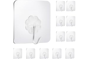 IBERDE 12 Pack Clear Adhesive Hooks for Hanging, Stick On Wall Mount Hooks Stainless Steel Metal Hook for Bathroom, Shower, Kitchen, Door,Drill Free No Damage Utility Hooks