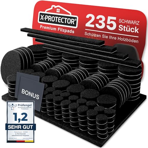 X-Protector Filzgleiter Selbstklebend Schwarz - 235 Stück Großpackung Premium Möbelgleiter. Filzgleiter Groß - Möbelpads Aus Filz Selbstklebend - Holzbodenschu - Schützen Sie Ihre Holzfußböden!
