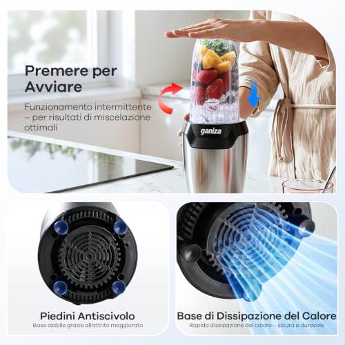 Ganiza Blender 1300W with 3 Portable Cups (2 x 1100ml & 1 x 660ml) Six Stainless Steel Blades, BPA Free, Easy to Clean, Electric Blender for Milkshake and Ice Crusher