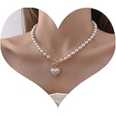 Iaceble Boho Pearl Heart Choker Necklace Puffy Heart Pendant Necklace Vintage Gold Pearl Chain Necklace Pearl Toggle Clasp Necklace Chain Jewelry for Women