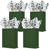 Bolsome 24 Pcs Sage Green Paper Gift Bags with 24 Pcs Eucalyptus Tissue Paper Green Goodie Bags with Handles for Birthday Baby Shower Wedding Party Supplies