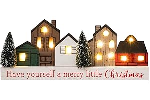 HOMIRABLE Christmas Decorations for Home Led Lighted Merry Christmas Tree Decor with Timer Wooden Rustic Farmhouse Tabletop Block Xmas Party Holiday Signs