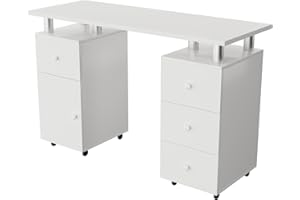 Cimcame Nail Desk for Nail Tech 47 inch Manicure Table with Drawers/Wrist Pad/Lockable Wheels Acetone Resistant Nail Art Station for Salon Spa Beauty Bar Technician,White