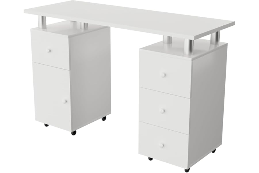 Cimcame Nail Desk for Nail Tech 47 inch Manicure Table with Drawers/Wrist Pad/Lockable Wheels Acetone Resistant Nail Art Station for Salon Spa Beauty Bar Technician,White