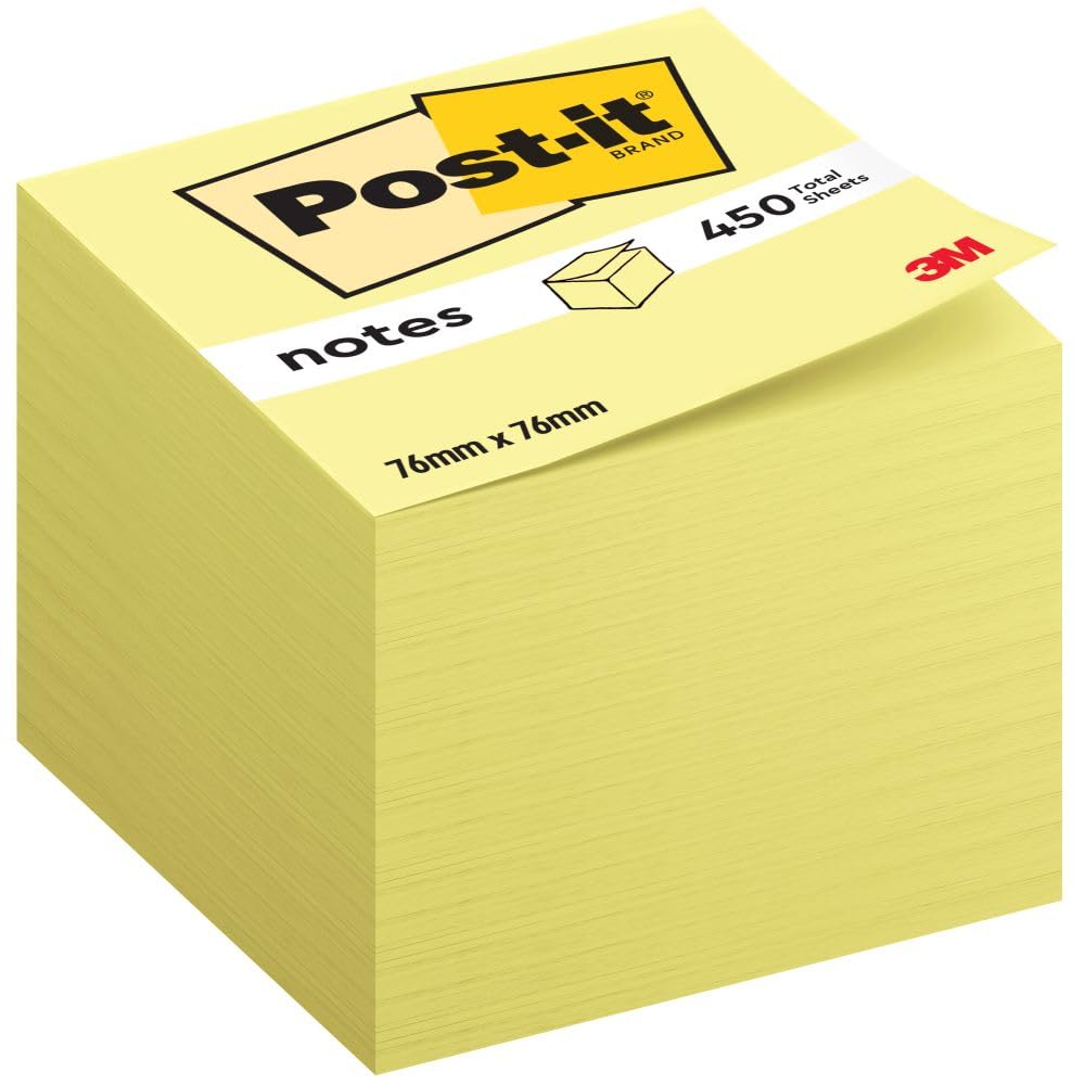 Post-it Sticky Notes Cube Canary Yellow, Pack of 1 Pad, of 450 Sheets, 76 mm x 76 mm - Self-Stick Notes for Note Taking, to Do Lists & Reminders