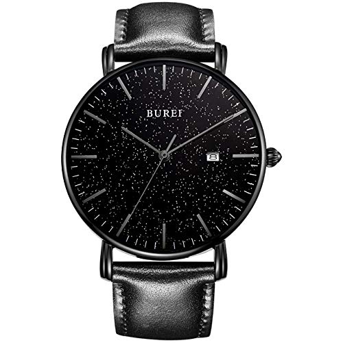 BUREI Ultra Thin Minimalist Men's Watch Large Dial, Window Display - Black Leather Brown Silver White Strap — image 1
