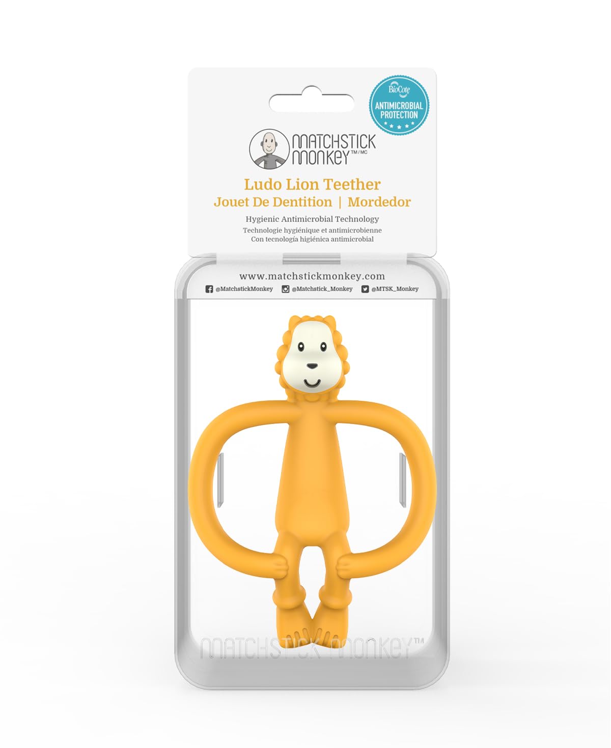 Matchstick Monkey Animal Silicone Teether for Baby 3 Months+, Easy to Hold & Naturally Fits in Mouth, BPA-Free Food Grade w/BioCote Protection, Stimulates & Massages Sore Gums, Ludo Lion