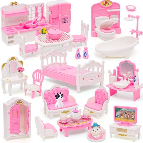 HAPGFS 45 Pcs Dollhouse Furniture Set Accessories Doll House Mini Furniture Pretend Play Bedroom Living Room Bathroom Kitchen for Kids Birthday and Christmas Pink