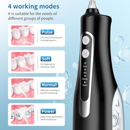 Cordless Oral Irrigator - 4 Modes Water Flosser for Teeth Cleaning, 300ML Reservoir, 360° Nozzle, IPX7 Waterproof, 2000mAh Rechargeable Battery, 4 Jet Tips, Smart Memory Function (M149 - Black)