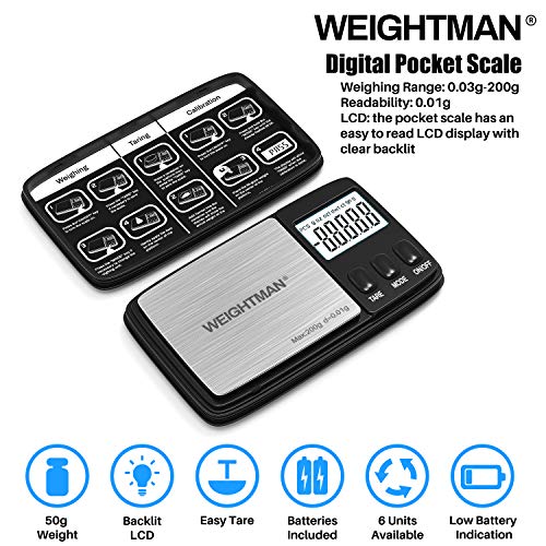 Gram Scale, Weightman Digital Pocket Scale 200g X 0.01g, Digital Scale