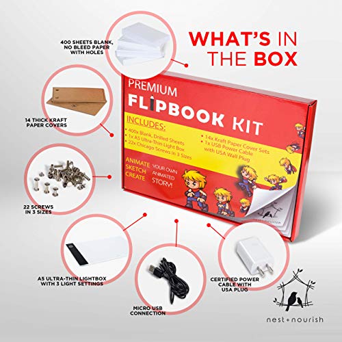 FLIP BOOK KIT with Lightbox, 400 Sheets 4.5” x 2.5” & 22 Screws in 3