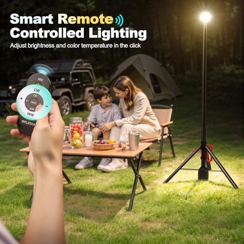 SYLSTAR Construction Spotlight LED with Tripod, Battery Spotlight with Remote Control and Telescopic Stand (2.65 M), 3000 LM Ultra Bright, 3CCT Dimmable, 6000 mAh Battery Construction Site Lamp, Father's Day Gift Tool
