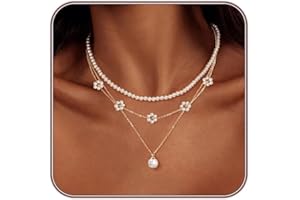 LULII Pearl Necklaces for Women 14K Gold Plated Dainty Layered Single Pearl Necklace Simple Daisy Pearls Choker Cute Gold Necklace Stack Jewelry Sets for Women Trendy Gifts