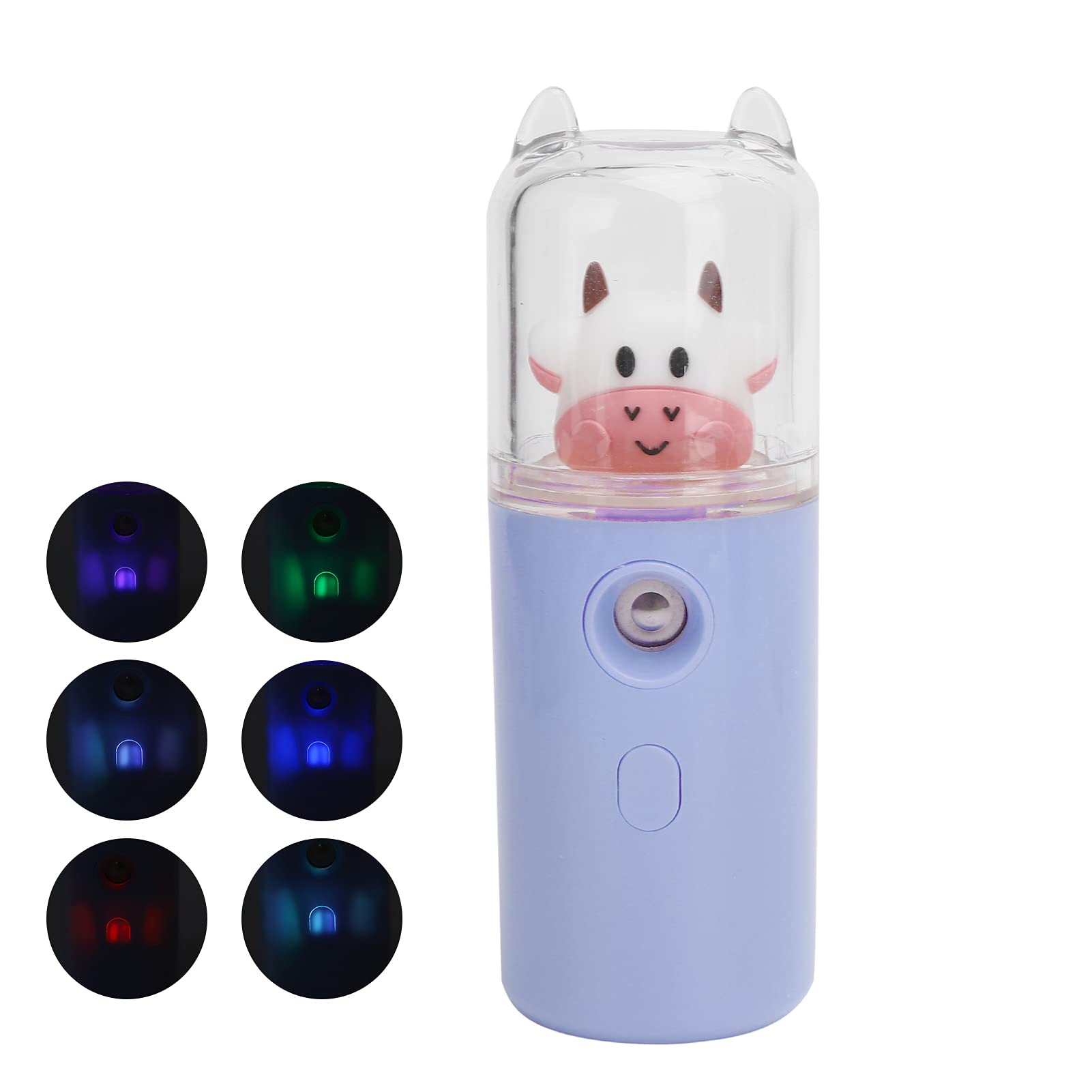 Light Purple and Yellow Nano Facial Mister, 30ml Portable Handy Cool Mist Sprayer with Color Light Function, Rechargable Cute Cow Design Cooling Mister(Purple)