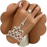 Chargances Bridal Crystal Finger Ring Bracelet Silver Rhinestone Flower Shape Hand Chain Bangle Wedding Hand Harness Hand Accessories for Women (Style 2)