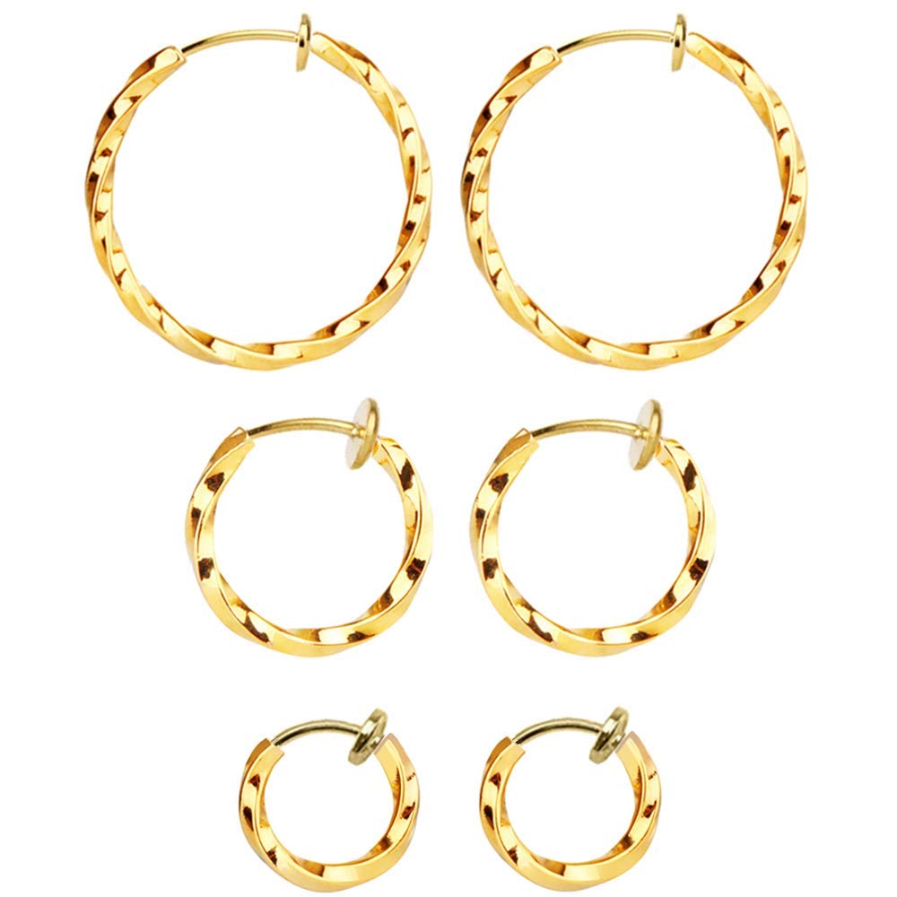 Mannli 3 Pairs Clip On Twisted Hoop Earrings Non Piercing Earrings Set for Women Girls, Gold 15-30MM