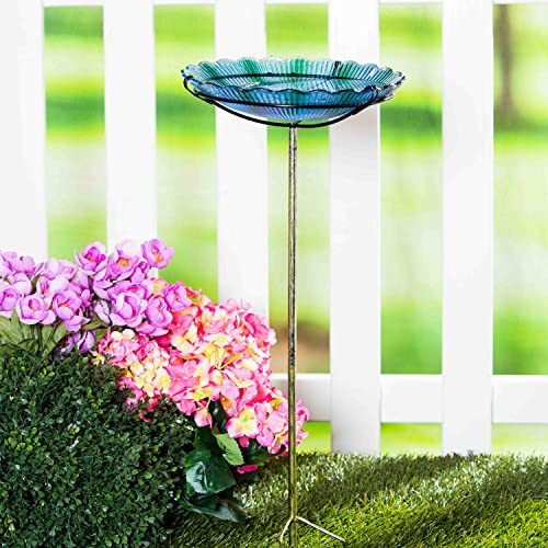 Evergreen Blue Sea Glass Bird Bath with Metal Stake 11”L x 11" W x 26