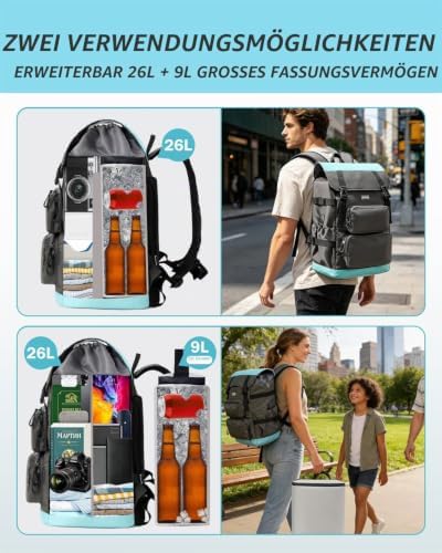 2 in 1 Kühlrucksack - Separat Nutzbare Kühltasche 9L und 26L Hauptfach, 10 Stunden Kältehaltung, Auslaufsicher, Wasserdicht, Isolierter Picknickrucksack für Einkaufen, Camping, Strand, Arbeit