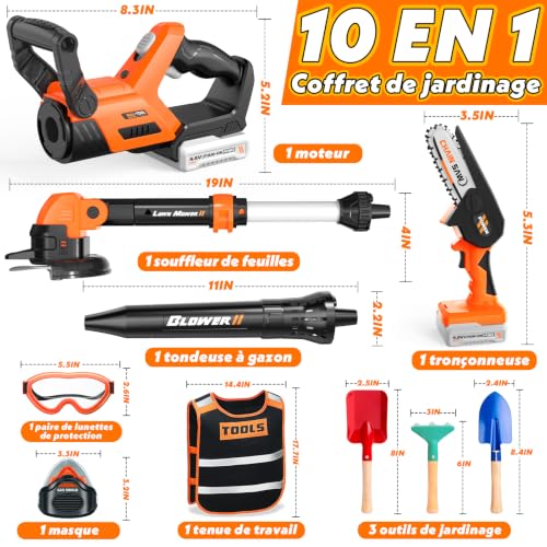 Outils de Jardin pour Enfants 3 in -Débroussailleuse & Souffleur Enfant & Tronconneuse Enfant Effets Sonores Réalistes, Exterieur Jouet Enfant 3-5 Ans,Cadeau Garcon 3-5 Ans