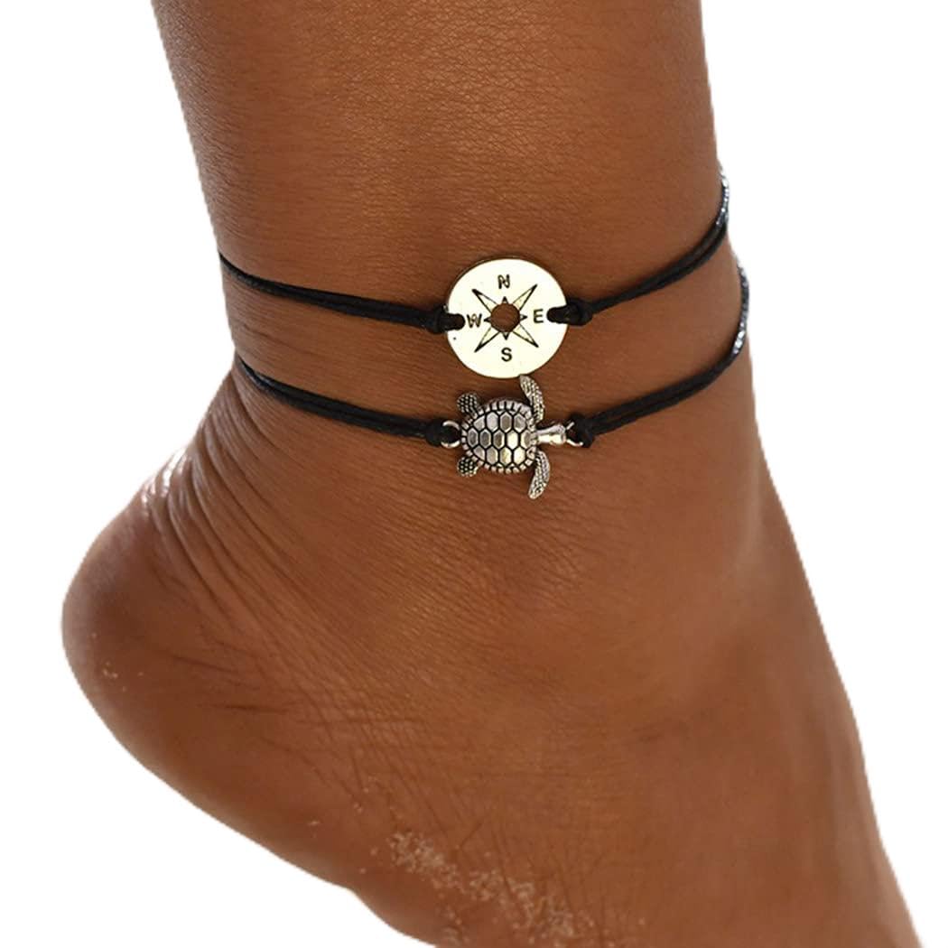Handcess Boho Double Anklets Silver Turtle Ankle Bracelets Braided Compass Foot Chain for Women and Girls