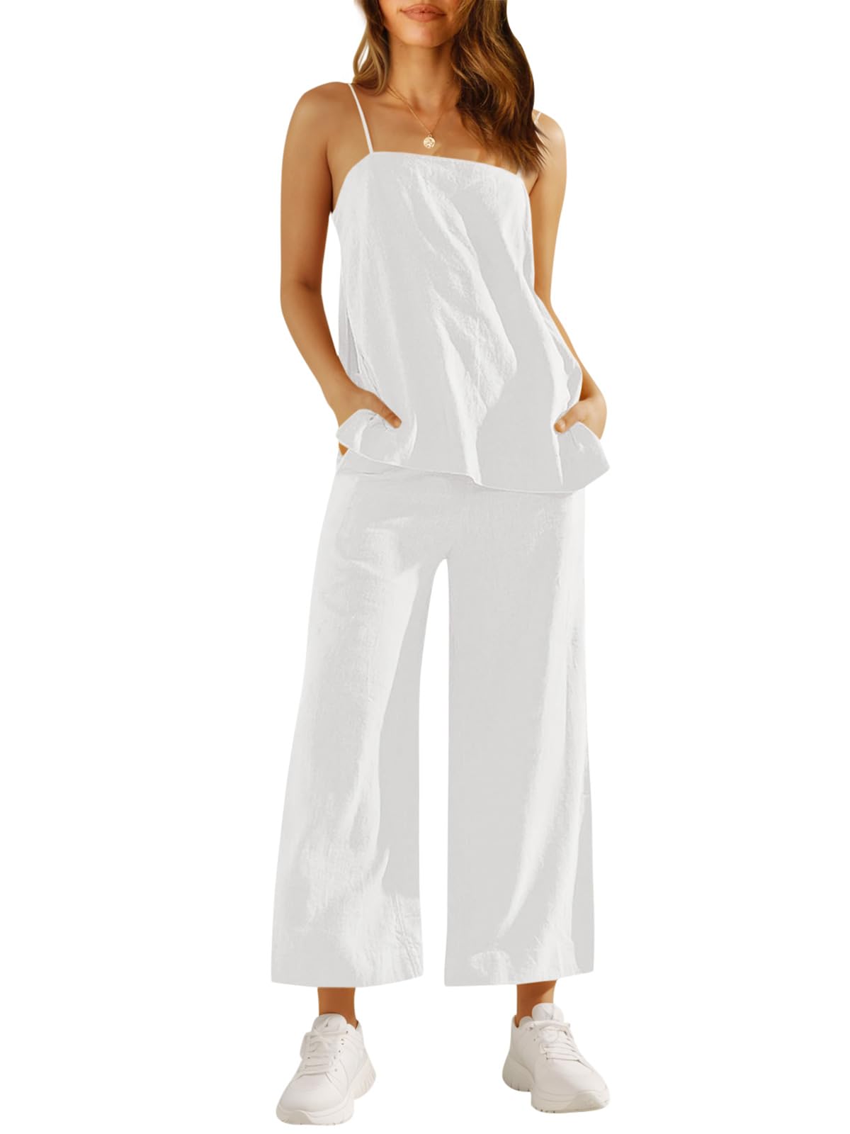 Photo 1 of Imily Bela Womens 2 Piece Outfits Linen Set Camisole Tops and Wide Leg Pants Vacation Matching Loungewear, White, XX-Large