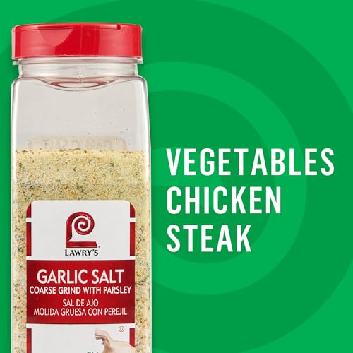 LAWRY’S COARSE GRIND GARLIC SALT WITH PARSLEY, 28 OZ – ONE 28 OUNCE CONTAINER OF GARLIC SALT AND PARSLEY SEASONING FOR BEEF, POULTRY, STIR-FRY AND PASTA
