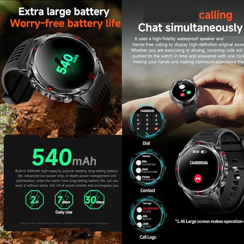 MYSHUN Reloj Inteligente Hombre con Llamadas, 1,46 Pulgada Smartwatc Hombre Deportivo con Podometro Pulsometro SpO2 Sueño Presion Arterial Actividad IP68 Reloj Digital para iOS Android (Negro)