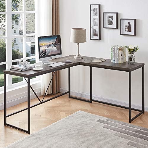 HSH L Shaped Computer Desk, Metal and Wood Rustic Corner Desk
