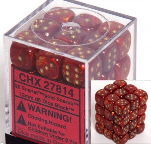 Chessex Dice d6 Sets: Scarab Scarlet with Gold - 12mm Six Sided Die (36) Block of Dice